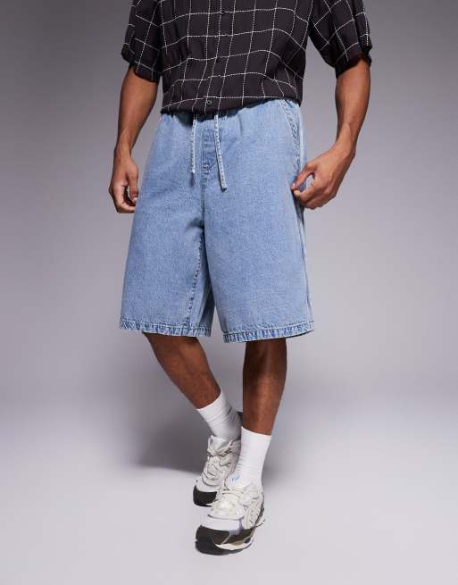 ASOS DESIGN - Jorts di jeans taglio lungo lavaggio chiaro blu con riga sul lato