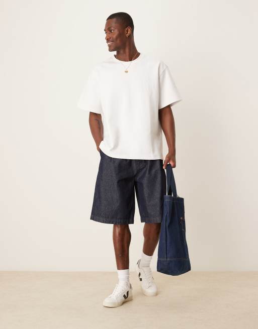 ASOS DESIGN - Jorts di jeans taglio lungo lavaggio medio scuro con pieghe