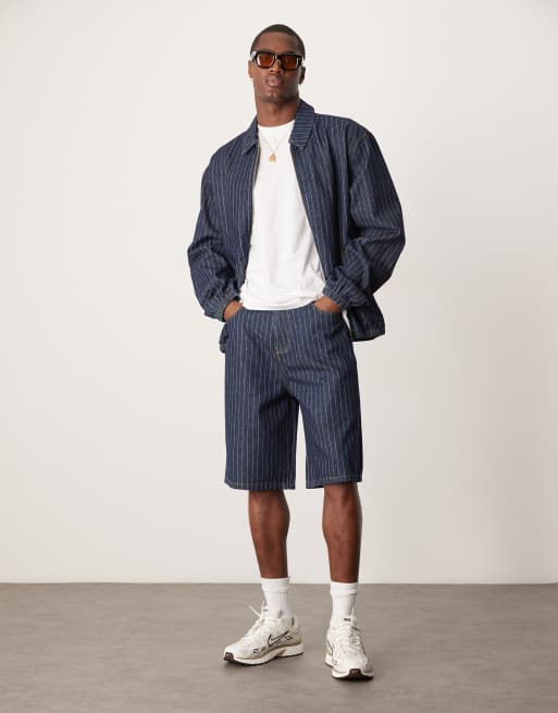 ASOS DESIGN - Jorts di jeans taglio lungo lavaggio medio scuro gessato in coordinato