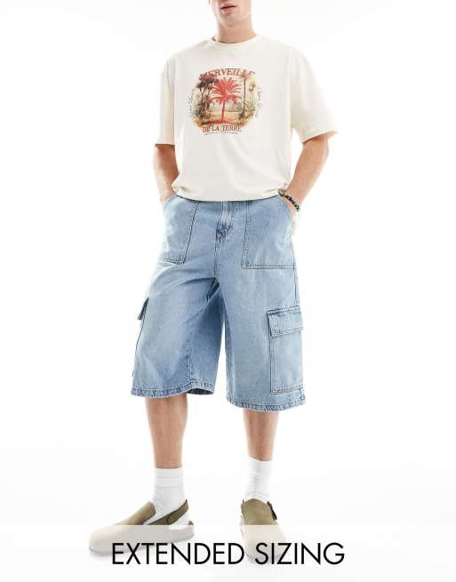 ASOS DESIGN - Jorts di jeans taglio super lungo lavaggio blu chiaro con dettagli cargo