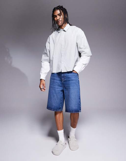 ASOS DESIGN - Jorts in denim taglio lungo blu medio sfumato