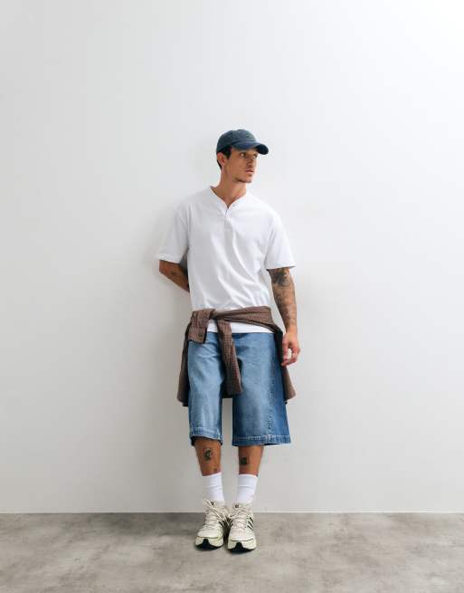 ASOS DESIGN - Jorts in denim taglio lungo blu medio slavato