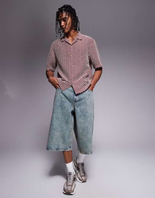ASOS DESIGN - Jorts in denim taglio lungo lavaggio acido con dettaglio a pieghe