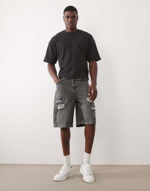 ASOS DESIGN - Jorts in denim taglio medio nero slavato con strappi