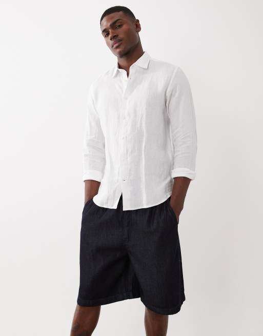 ASOS DESIGN - Jorts lunghezza media in denim di misto lino lavaggio blu scuro, 4 di 5