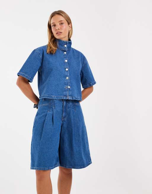 ASOS DESIGN - Jorts oversize lavaggio blu medio con fascia in vita, 2 di 5