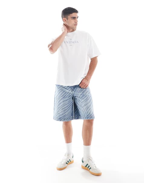 ASOS DESIGN - Jorts taglio lungo blu lavaggio medio tinto con stampa zebrata al laser - view 1