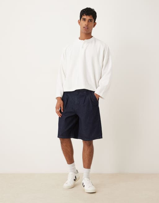 ASOS DESIGN - Jorts taglio lungo con doppie pieghe blu lavaggio medio