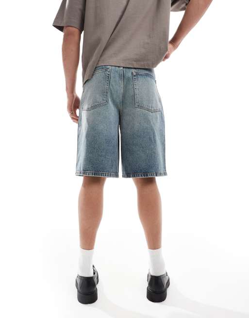 ASOS DESIGN - Bermuda en jean long - Bleu clair délavé teinté