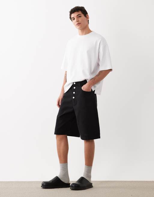 ASOS DESIGN - Jorts taglio lungo in twill nero con bottoni a vista