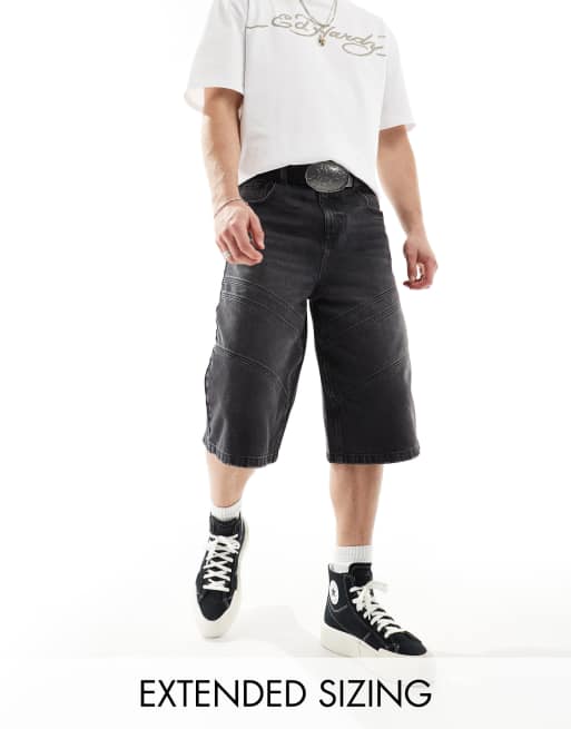 ASOS DESIGN – Jortsy jeansowe o wydłużonym fasonie ze wstawkami, w kolorze spranej czerni