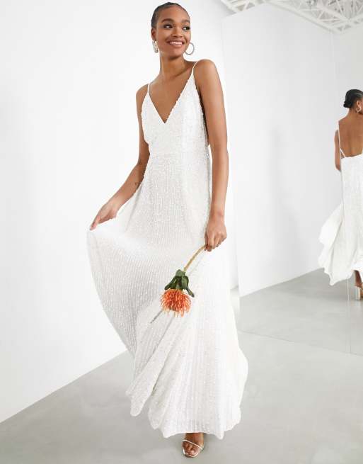 ASOS Frankie Beaded Mesh Plunge Cap Sleeve Wedding Dress In in