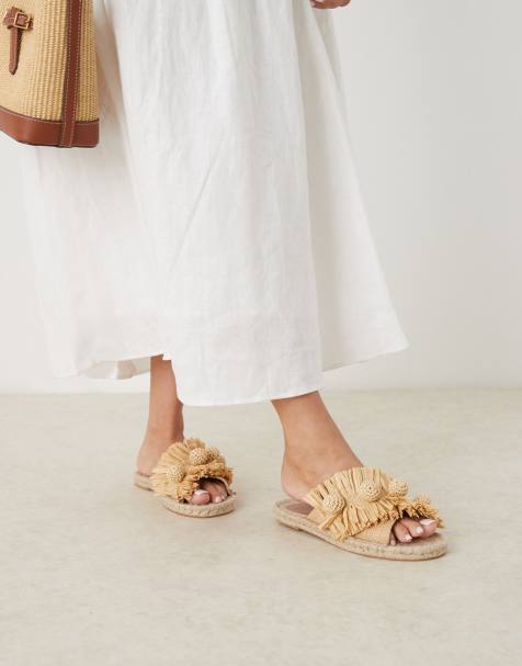ASOS DESIGN – Jovie – Naturfärgade espadrillos i raffia med pompoms och öppen häl - view 1
