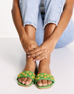 Sandales plates Juicy - Mules style espadrilles ornées de fleurs en perles - Vert