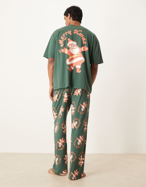 ASOS DESIGN - Jul - Grønt pyjamassæt med vintage julemandsprint