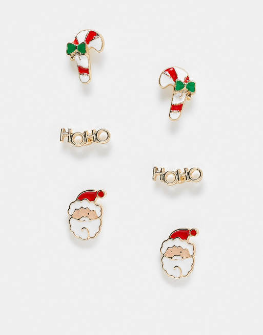 ASOS DESIGN - Julepakke med 3 øreringe i blandet julemandsdesign