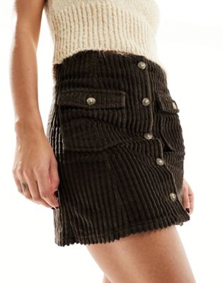 jumbo cord button through mini skirt in brown
