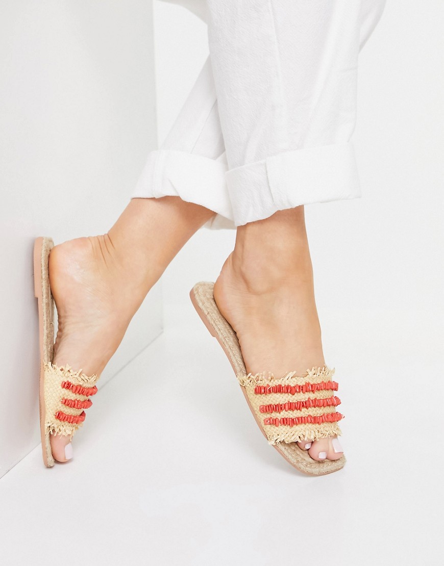 ASOS DESIGN Jump Start raffia espadrille mules with red shell detail-Neutral