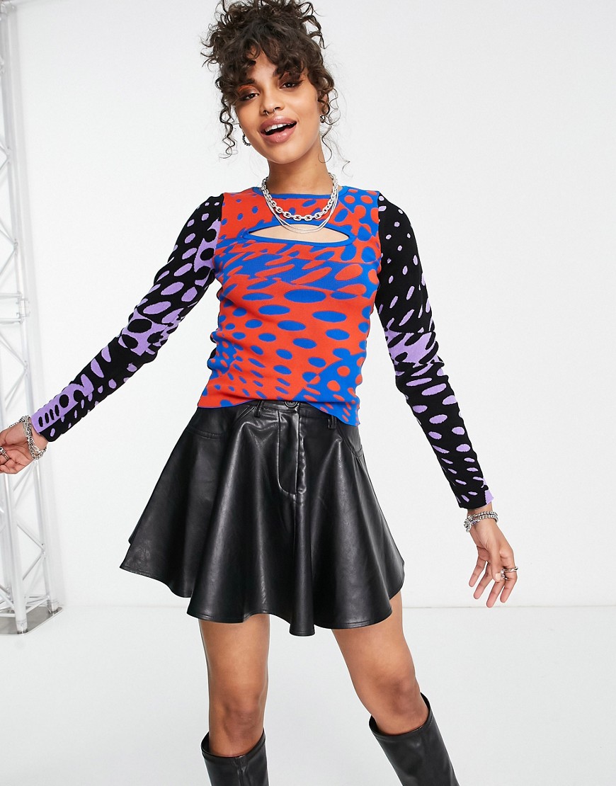 ASOS DESIGN jumper in colour block spot pattern with cut out-Multi