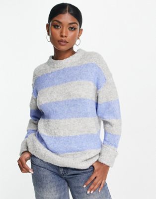 ASOS DESIGN jumper in mixed yarn stripe in blue and grey