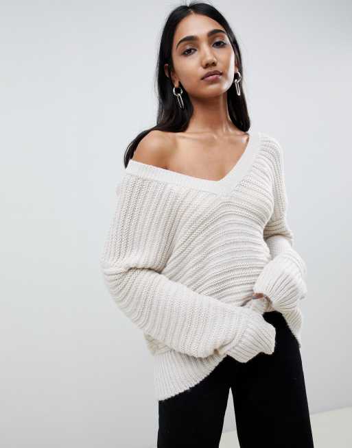 ASOS DESIGN jumper in off shoulder v neck with stitch detail