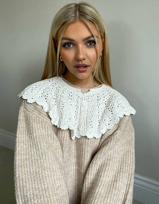  jumper in rib with crochet collar detail in oatmeal 