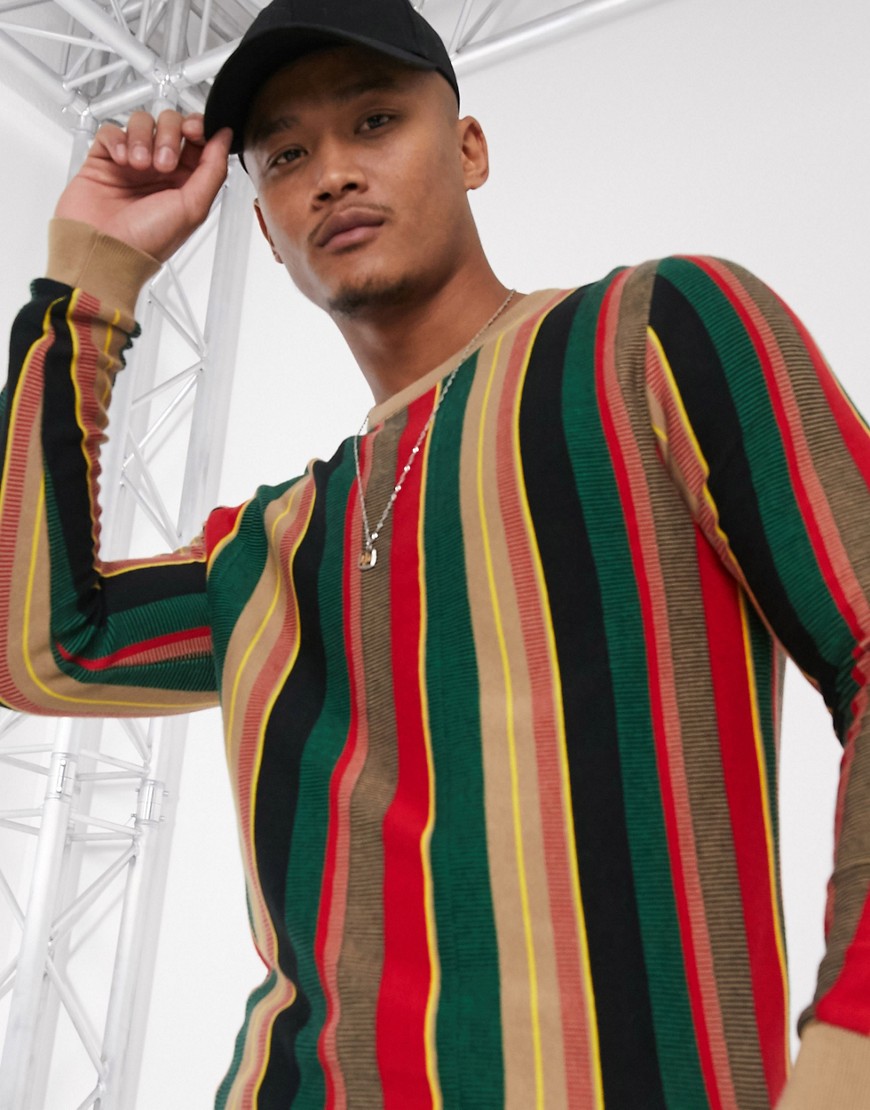ASOS DESIGN jumper in textured vertical stripe in green and red-Multi