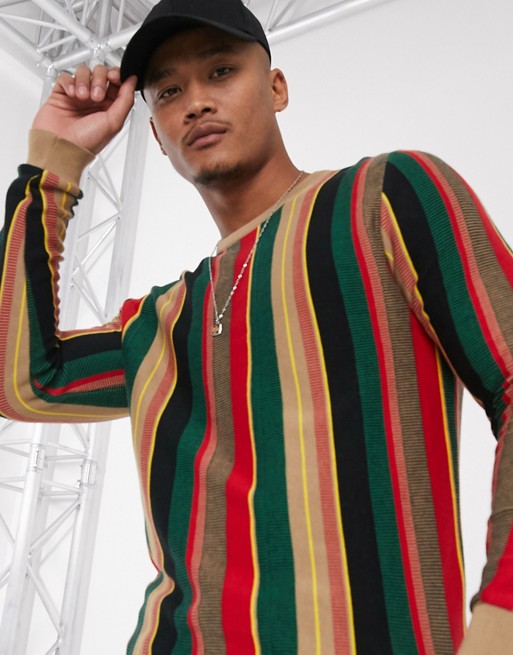 ASOS DESIGN jumper in textured vertical stripe in green and red