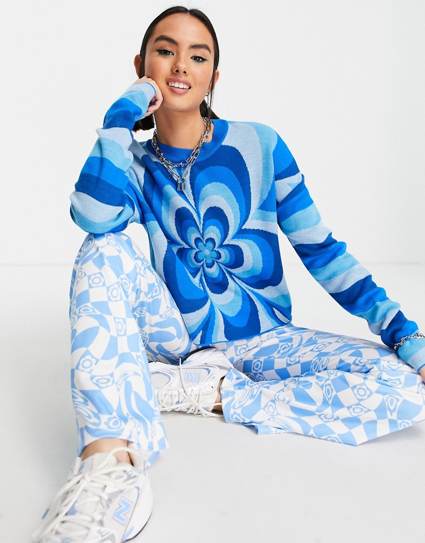 ASOS DESIGN jumper with 70's flower pattern in blue