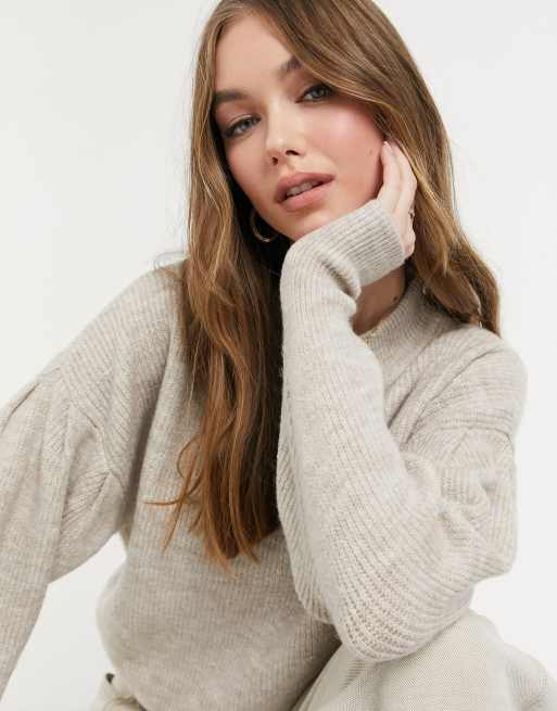 ASOS DESIGN jumper with batwing and pleat sleeve detail in oatmeal | ASOS