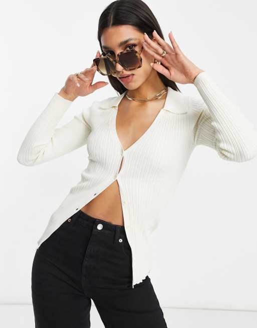 ASOS DESIGN jumper with button placket and collar detail in cream