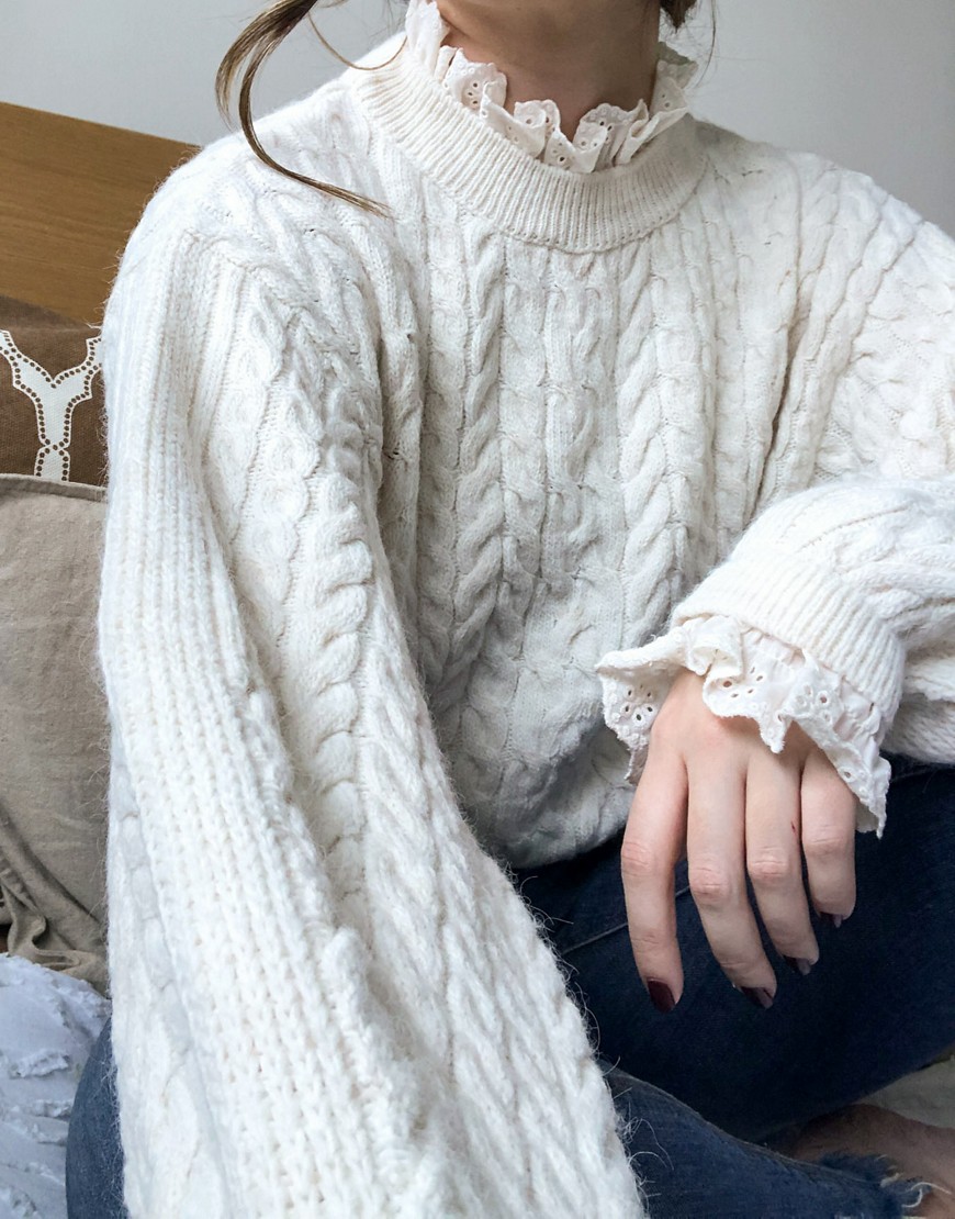 ASOS DESIGN jumper with cable and lace frill in cream