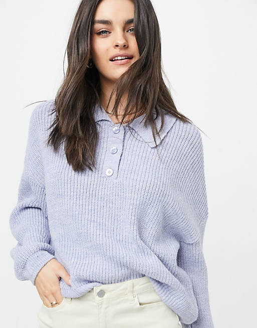Women jumper with collar and button placket in blue 