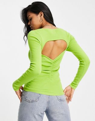 ASOS DESIGN jumper with cut out ruched back detail in lime green