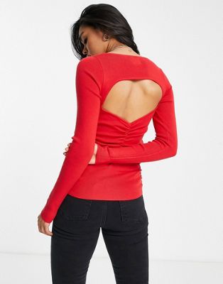 ASOS DESIGN jumper with cut out ruched back detail in red