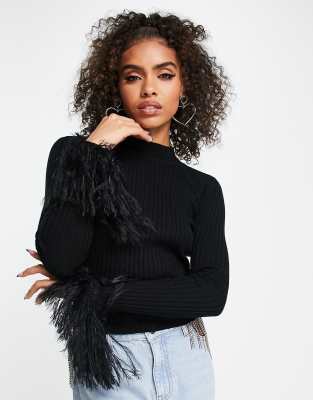 ASOS DESIGN jumper with faux feather cuff detail in black