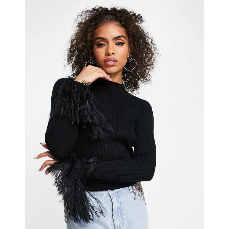 ASOS DESIGN jumper with faux feather cuff detail in black | ASOS