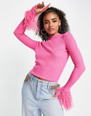 ASOS DESIGN jumper with faux feather cuff detail in pink | ASOS