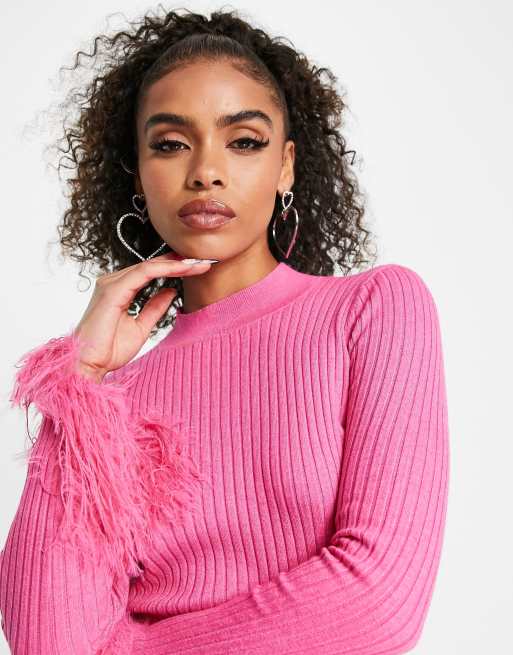 ASOS DESIGN jumper with faux feather cuff detail in pink, 3 of 4