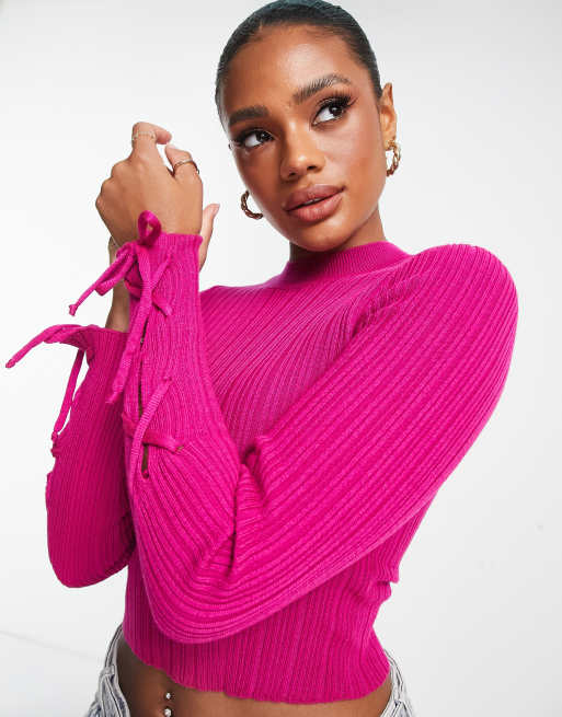 ASOS DESIGN jumper with high neck and lace up sleeve detail in pink