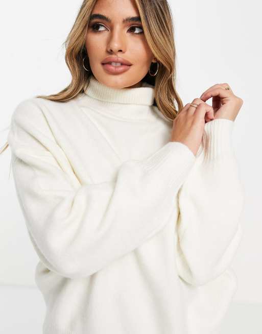 ASOS DESIGN jumper with high neck and volume sleeves in cream