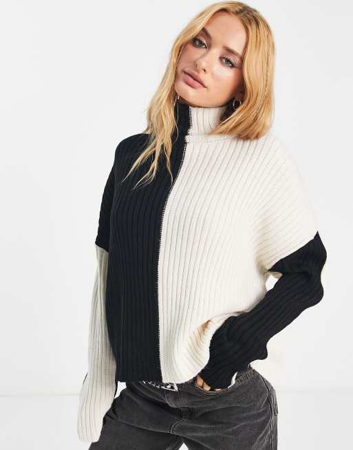 ASOS DESIGN jumper with high neck in colour block in black and white ASOS