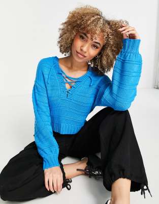 ASOS DESIGN jumper with lace up and stitch detail in blue