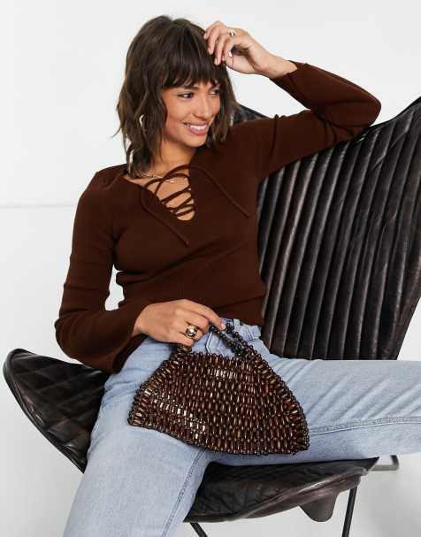 ASOS DESIGN jumper with lace up detail in brown - view 1
