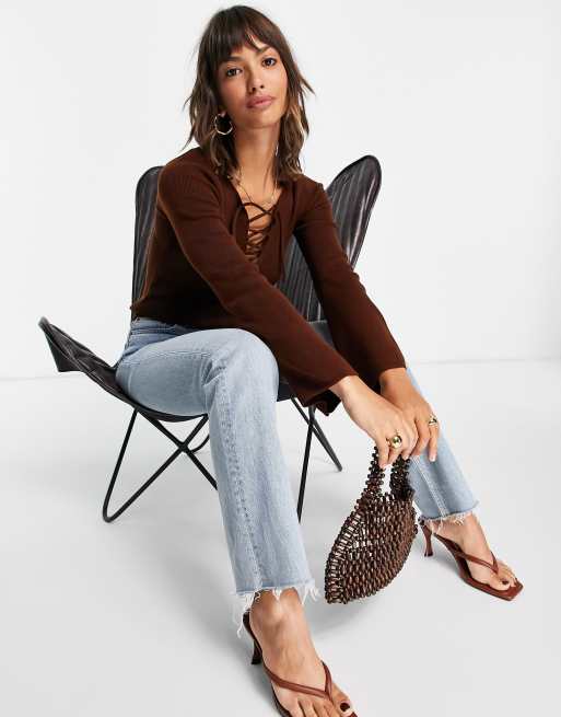 ASOS DESIGN jumper with lace up detail in brown, 3 of 4