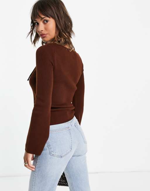 ASOS DESIGN jumper with lace up detail in brown, 4 of 4