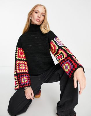 ASOS DESIGN jumper with multi crochet sleeve in black