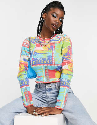 ASOS DESIGN jumper with open back in postcard pattern