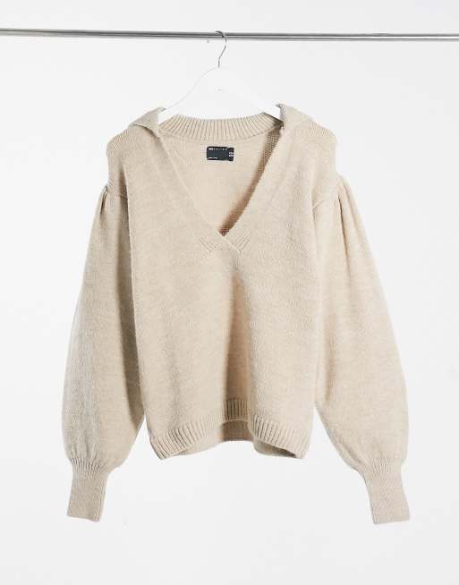 ASOS DESIGN jumper with open collar detail in oatmeal