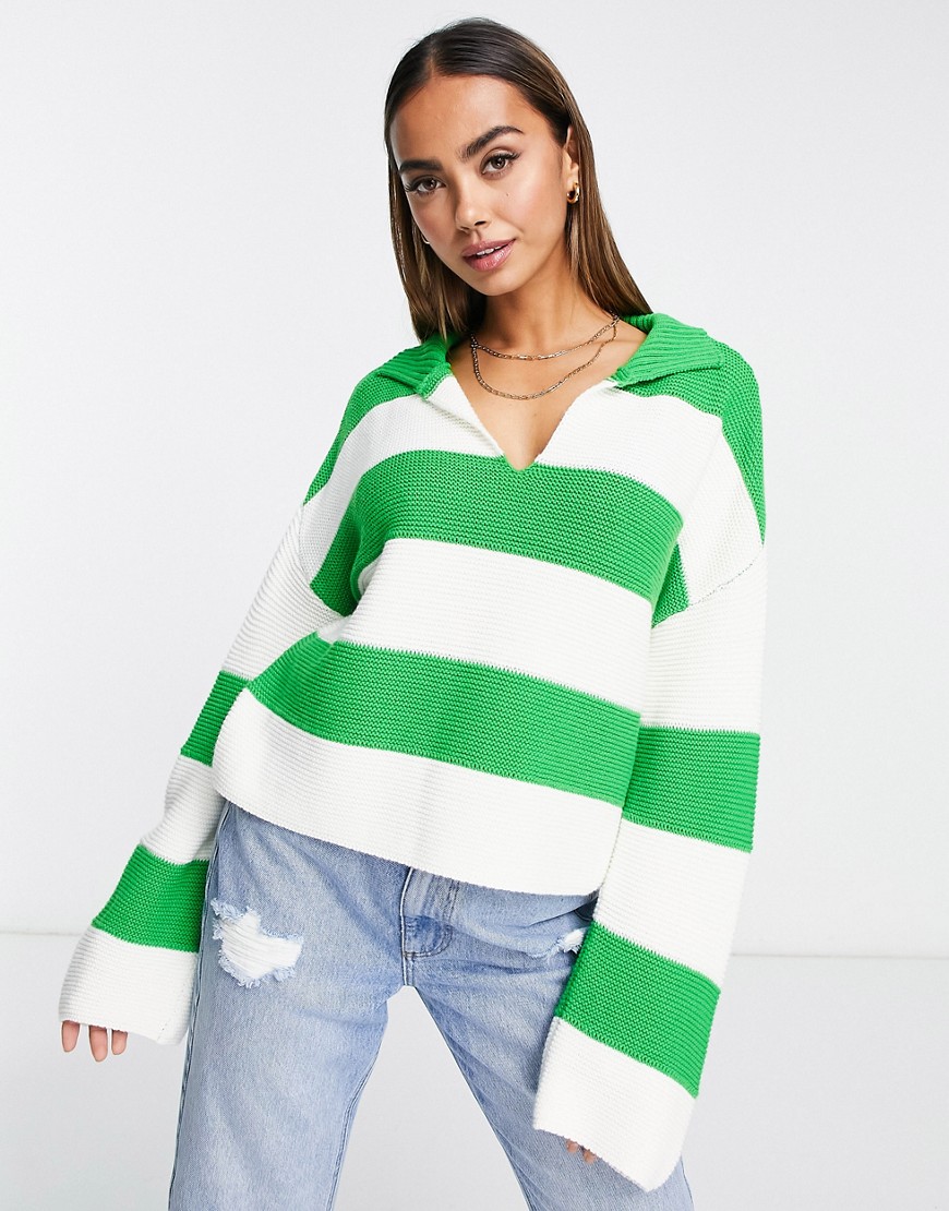 ASOS DESIGN jumper with open collar in textured green stripe